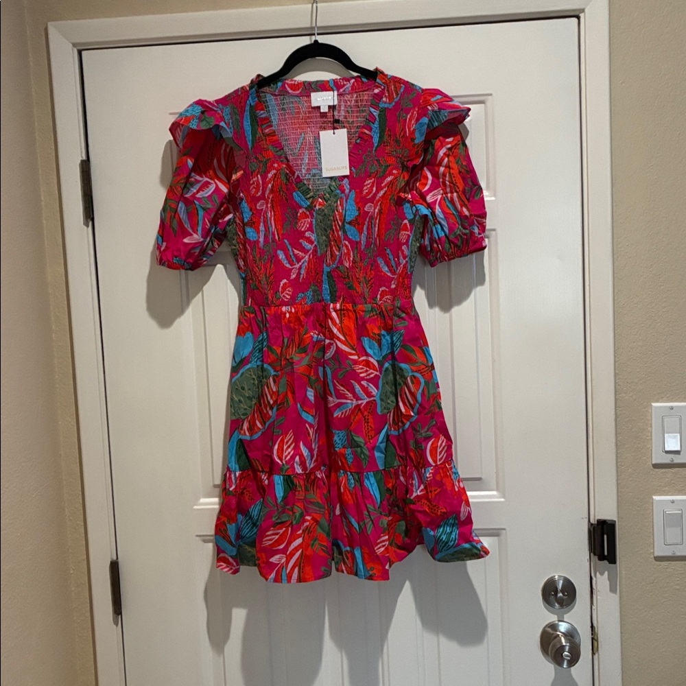 Sugar Lips Bright Pink Tropical smocked elastic waist  Dress with Ruffle Hem